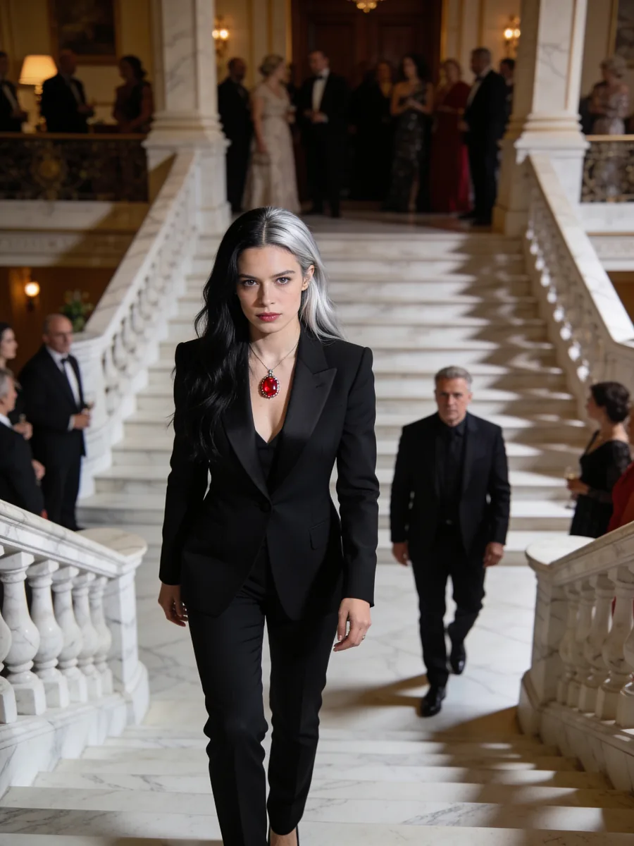 Silver-haired woman returning to a family gala in a revenge drama