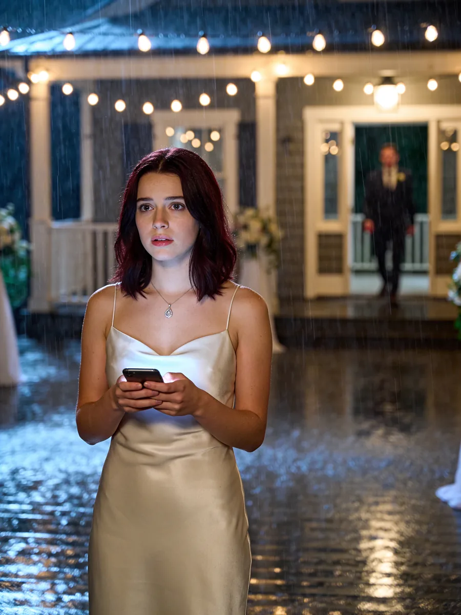 Bride discovering a secret in a rain-soaked romance drama