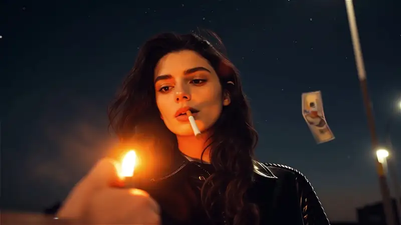 Woman lighting cigarette